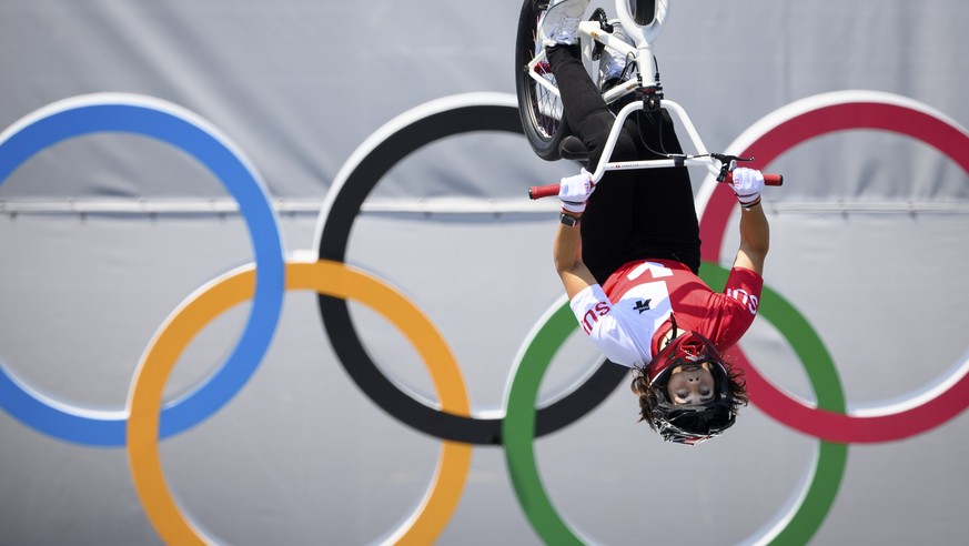 Nikita Ducarroz of Switzerland competes in the women&#039;s BMX Freestyle finals at the 2020 Tokyo Summer Olympics in Tokyo, Japan, on Sunday, August 01, 2021. (KEYSTONE/Laurent Gillieron)