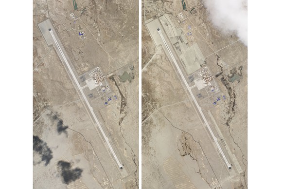 This combination of two satellite photos of the Ngari G�1?4nsa civil-military airport base taken on April 1, left, and May 17, 2020, near the border with India in far western region of Tibet in China  ...
