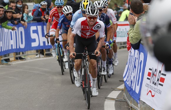 Switzerland&#039;s Marc Hirschi leads during the men&#039;s elite event, at the road cycling World Championships, in Imola, Italy, Sunday, Sept. 27, 2020. (Luca Bettini/Pool Photo via AP)