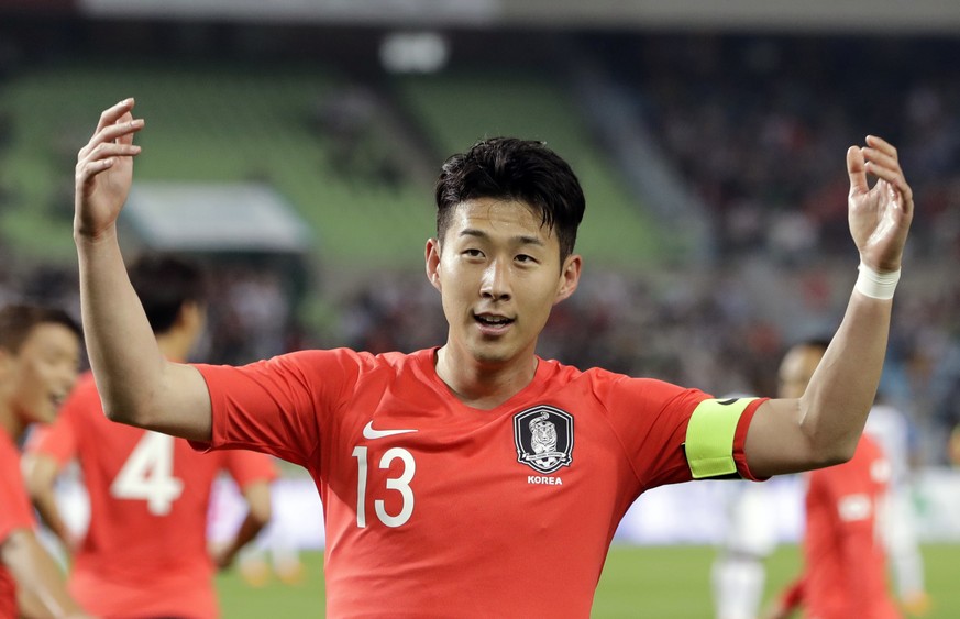 South Korea&#039;s Son Heung-min celebrates after scoring his side&#039;s first goal, during an international friendly soccer match between South Korea and Honduras, in Daegu, South Korea, Monday, May ...