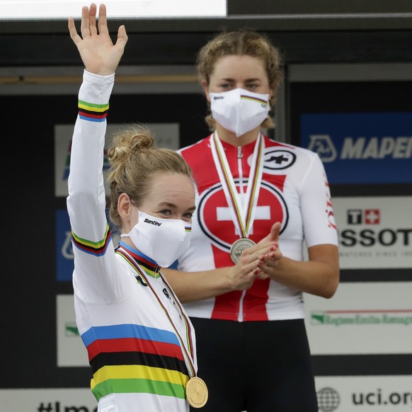 Netherland&#039;s Anna Van der Breggen, left, winner of the Individual Time Trial event, is applauded by silver medallist Switzerland&#039;s Marlen Reusser, during the podium ceremony at the road cycl ...