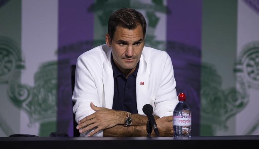 epa07683188 Roger Federer of Switzerland speaks during a press conference at the All England Lawn Tennis Championships in Wimbledon, London 29 June 2019. EPA/PETER KLAUNZER EDITORIAL USE ONLY; NO SALE ...
