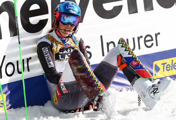 epa09025884 Second placed Petra Vlhova of Slovakia reacts in the finish area during the second run of the Women&#039;s Slalom race at the FIS Alpine Skiing World Championships in Cortina d&#039;Ampezz ...