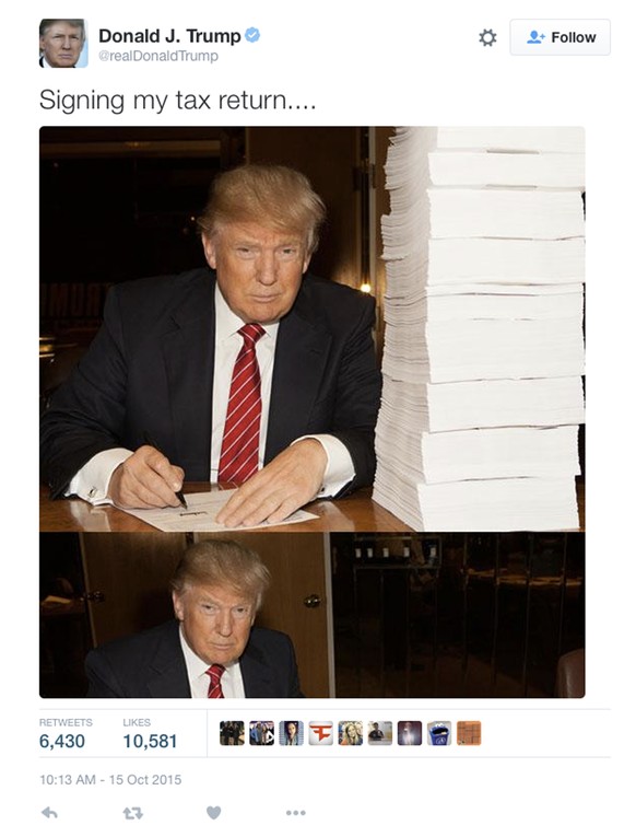 This image from Republican presidential candidate Donald Trump&#039;s campaign shows Trump signing his tax return. Trump says he wont release his tax returns until after the election, raising the int ...