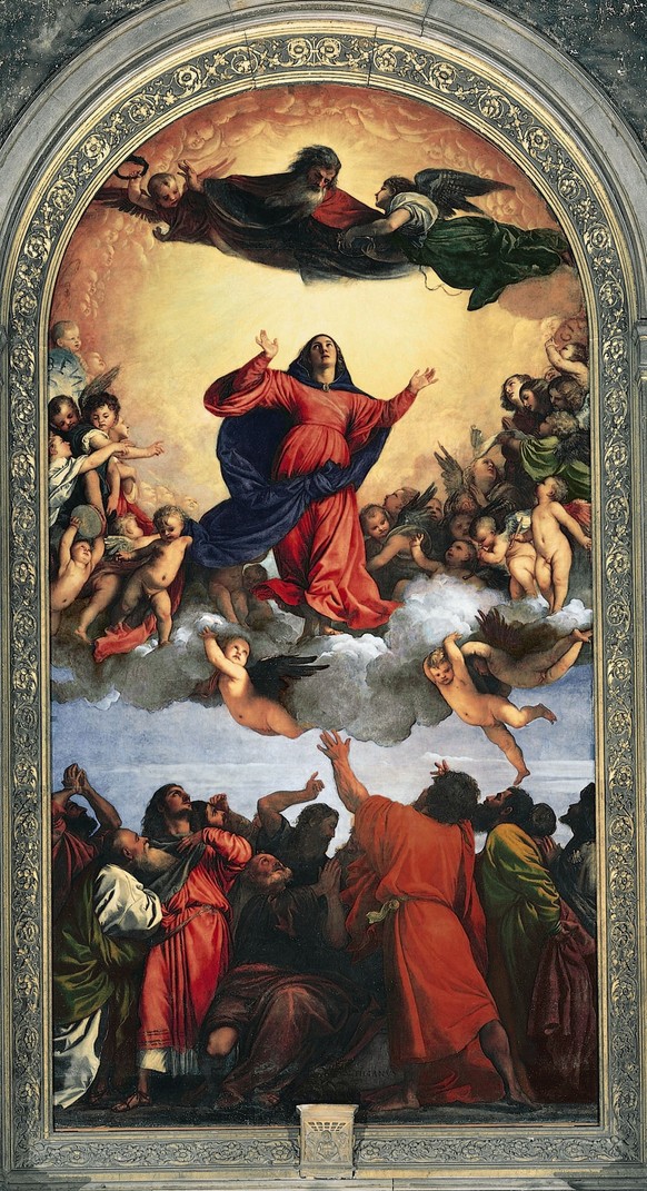 So sieht es in etwa aus, wenn die Gottesmutter Maria mitsamt ihrem Leib gen Himmel fährt. Tizian, «Mariä Himmelfahrt», um 1516.
