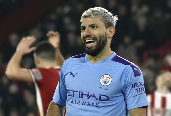 FILE - In this Tuesday, Jan. 21, 2020 file photo, Manchester City&#039;s Sergio Aguero smiles during the English Premier League soccer match between Sheffield United and Manchester City at Bramall Lan ...