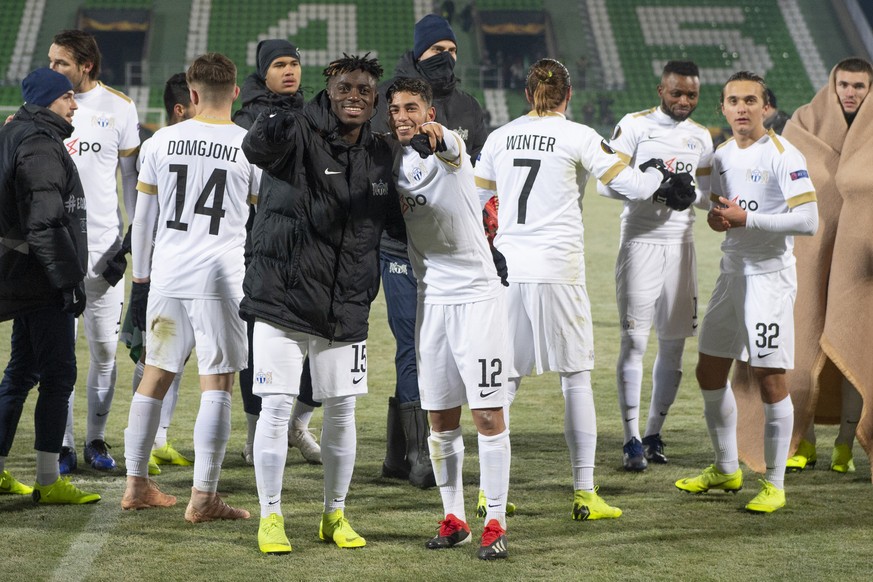 Zurich&#039;s Stephen Odey and Zurich&#039;s Hakim Guenouche celebrare after the UEFA Europa League match between Bulgarien`s PFC Ludogorets 1945 and Switzerland&#039;s FC Zuerich at the Ludogorets Ar ...