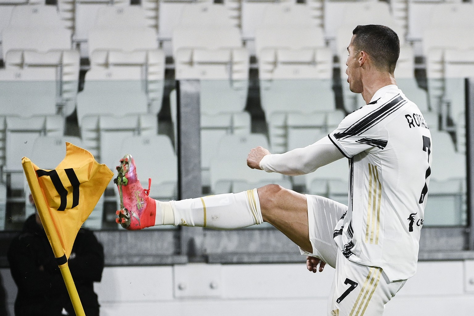 Juventus&#039; Cristiano Ronaldo celebrates after scoring during the Serie A soccer match between Juventus and Crotone, at the Allianz Stadium in Turin, Italy, Monday, Feb. 22, 2021. (Marco Alpozzi/La ...