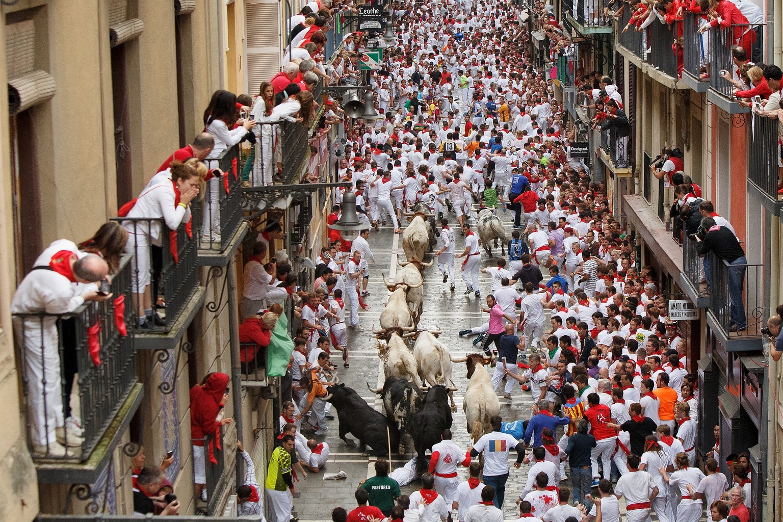 Bei dem Fest zu Ehren des Schutzheiligen der Region Navarra werden bis zum kommenden Montag an jedem Morgen Kampfstiere durch die engen Gassen von Pamplona getrieben.