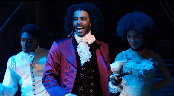 In this image released by Disney Plus, Daveed Diggs portrays Thomas Jefferson in a filmed version of the original Broadway production of &quot;Hamilton.&quot; (Disney Plus via AP)