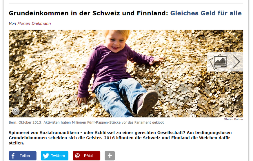 «Grundeinkommen in der Schweiz und Finnland: Gleiches Geld für alle», so titelt heute Spiegel Online.&nbsp;
