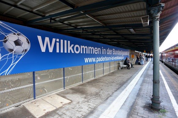 PADERBORN, GERMANY - SEPTEMBER 27: A banner of SC paderborn is seen at the railway-station in Paderborn prior to the Bundesliga match between SC Paderborn and Borussia Moenchengladbach at Benteler Are ...