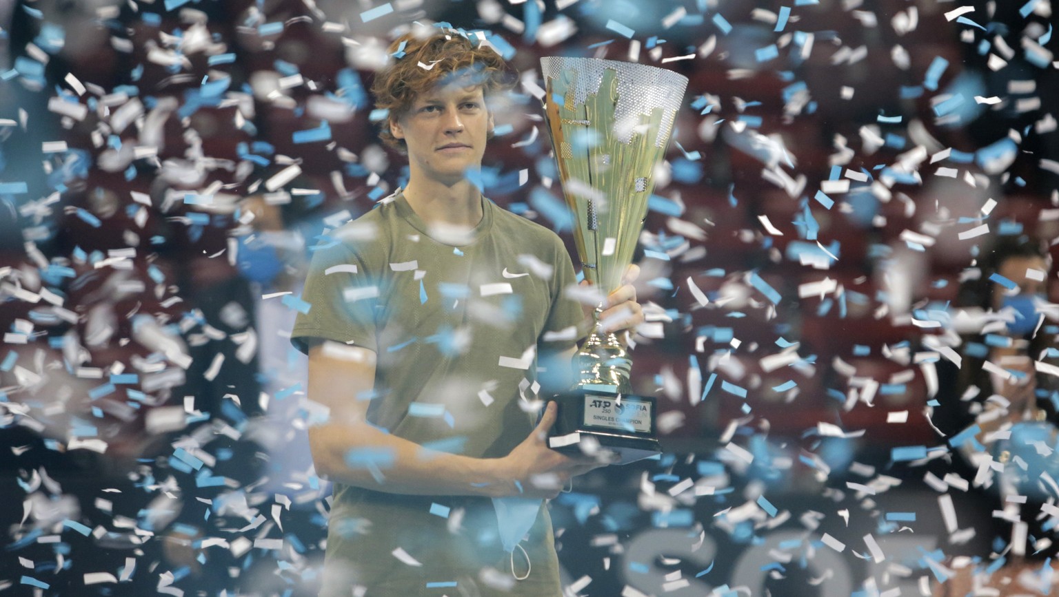 Italy&#039;s Jannik Sinner holds the trophy after winning the final match of the 2020 Sofia Open ATP 250 tennis tournament against Canada&#039;s Vasek Pospisil, in Sofia, Bulgaria, Saturday, Nov. 14,  ...