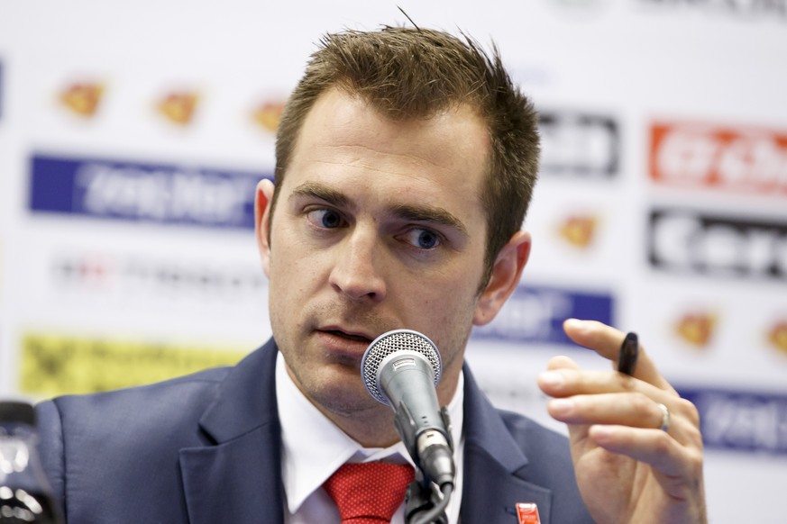 Raeto Raffainer, Director of National Teams of the Swiss Ice Hockey, speaks to the media during a press conference after Switzerland&#039;s team is eliminated of the tournament of the IIHF 2016 World  ...