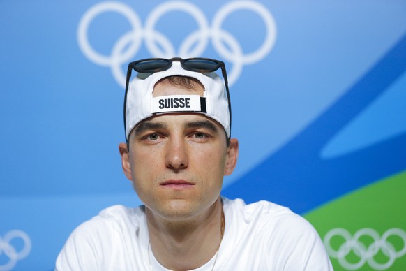 Switzerland&#039;s Nino Schurter looks on during a media conference of Swiss olympic Mountain Bike-team at the Main Press Center MPC at the Rio 2016 Olympic Summer Games in Rio de Janeiro, Brazil, pic ...