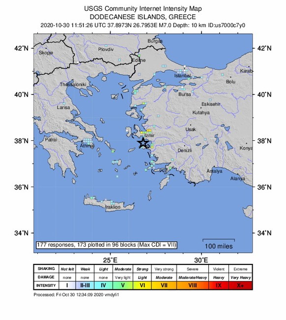 epa08785629 A handout photo made available by the US Geological Survey (USGS) shows an intensity shake map of a 7.0-magnitude earthquake that has hit near Neon Karlovasion, Greece, 30 October 2020. EP ...