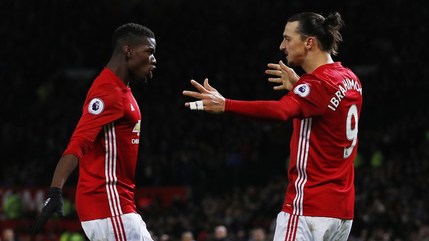 Britain Soccer Football - Manchester United v Sunderland - Premier League - Old Trafford - 26/12/16 Manchester United&#039;s Zlatan Ibrahimovic celebrates scoring their second goal with Paul Pogba Reu ...