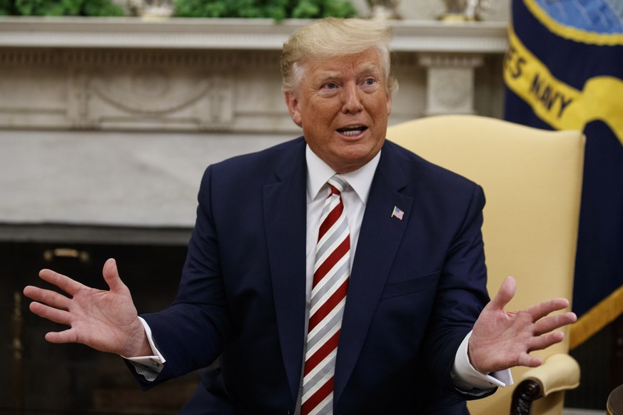 President Donald Trump speaks during a meeting with Romanian President Klaus Iohannis in the Oval Office of the White House, Tuesday, Aug. 20, 2019, in Washington. (AP Photo/Alex Brandon)
Donald Trump