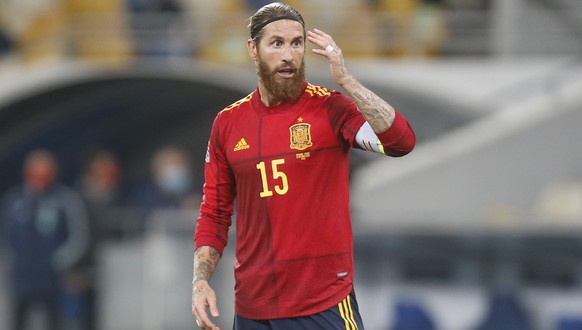 Spain&#039;s captain Sergio Ramos reacts during the UEFA Nations League soccer match between Ukraine and Spain at the Olimpiyskiy Stadium in Kyiv, Ukraine, Tuesday, Oct.13, 2020. (AP Photo/Efrem Lukat ...