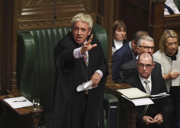 Speaker of Britain&#039;s House of Commons John Bercow gestures during a debate after giving a statement in the House of Commons in London Monday Oct. 21, 2019. The government request for a meaningful ...