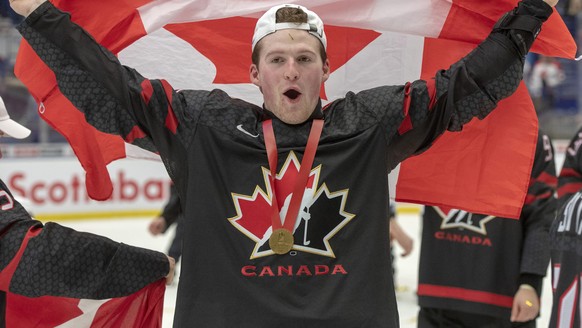 Canada&#039;s Alexis Lafreniere celebrates after defeating Russia in the gold medal game at the World Junior Hockey Championships, Sunday, Jan. 5, 2020, in Ostrava, Czech Republic. (Ryan Remiorz/The C ...
