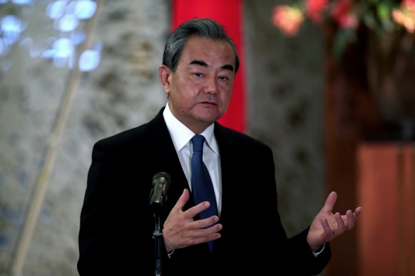 epa08023624 China&#039;s Foreign Minister Wang Yi speaks during a joint press statement event with Japan&#039;s Foreign Minister Toshimitsu Motegi (not pictured) after their meeting in Tokyo, Japan, 2 ...