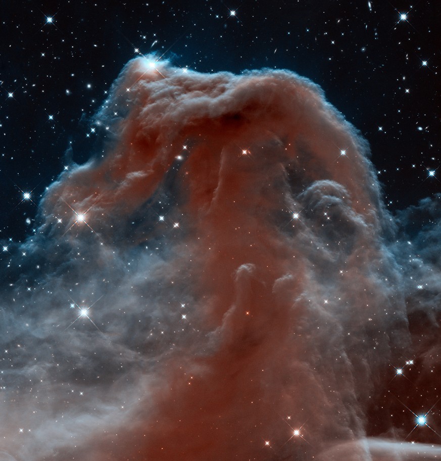 This new Hubble image, captured and released to celebrate the telescope’s 23rd year in orbit, shows part of the sky in the constellation of Orion (The Hunter). Rising like a giant seahorse from turbul ...