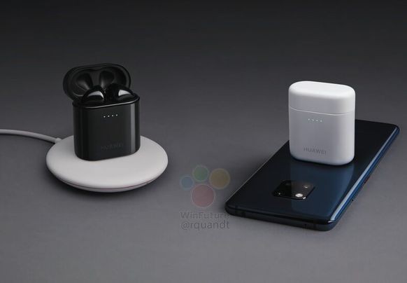 Die nächste Generation kabelloser Kopfhörer lässt sich mit grösster Wahrscheinlichkeit induktiv laden (mit Ladepad oder Smartphone), wie dieses durchgesickerte PR-Bild von Huawei zeigt.