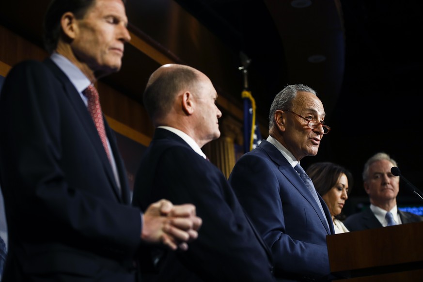 Democratic leader Sen. Chuck Schumer, D-N.Y., talk to reporters about the impeachment trial of President Donald Trump on charges of abuse of power and obstruction of Congress, at the Capitol in Washin ...