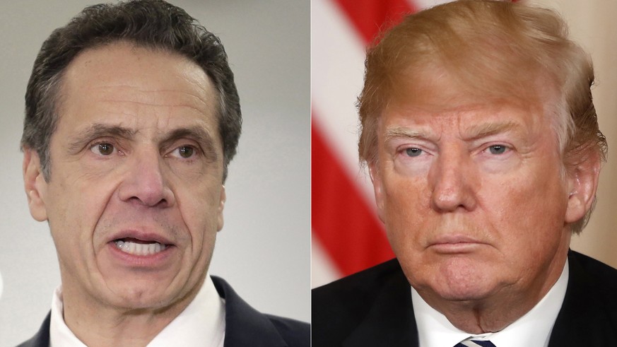 This combination of two file photos shows New York Gov. Andrew Cuomo on Feb. 14, 2019, and President Donald Trump on April 17, 2018. New York&#039;s Democratic governor told reporters Wednesday, Feb.  ...