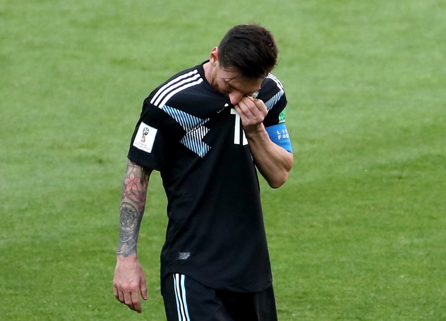 epa06813252 Lionel Messi of Argentina reacts after missing a penalty during the FIFA World Cup 2018 group D preliminary round soccer match between Argentina and Iceland in Moscow, Russia, 16 June 2018 ...