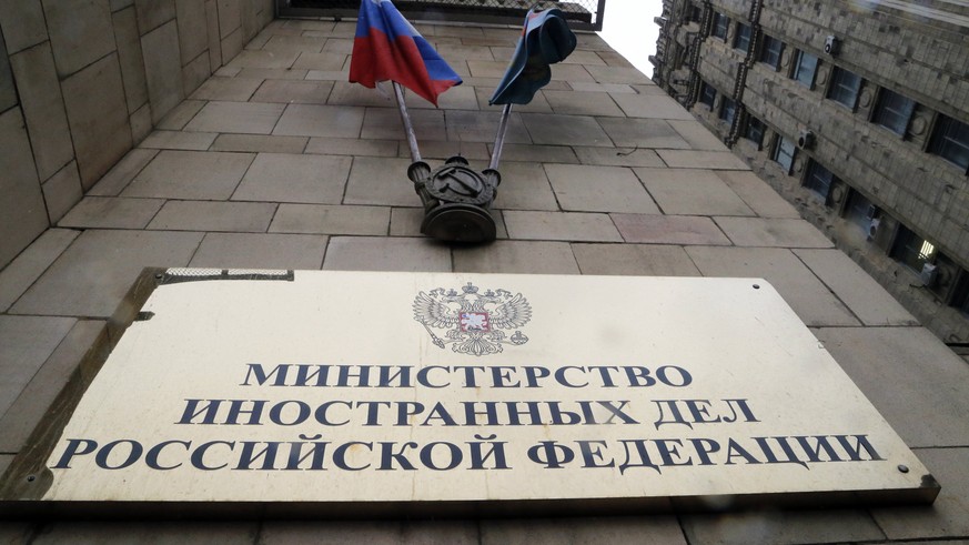 epa06618090 A plaque of Russian Foreign Ministry on a wall of its building in Moscow, Russia, 21 March 2018, as foreign diplomats attend a Russian Foreign Ministry&#039;s briefing on Sergei Skripal an ...