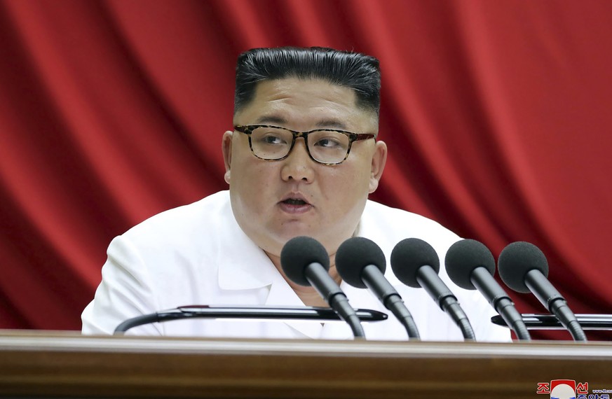 In this Monday, Dec. 30, 2019, photo provided by the North Korean government, North Korean leader Kim Jong Un speaks during a WorkersÄô Party meeting in Pyongyang, North Korea. Independent journalist ...