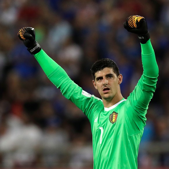 FILE - In this Sunday, Sept. 3, 2017 filer, Belgium goalkeeper Thibaut Courtois celebrates at the end of the World Cup Group H qualifying soccer match between Greece and Belgium at Georgios Karaiskaki ...