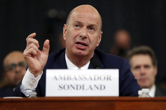 FILE - In this Wednesday, Nov. 20, 2019, file photo, U.S. Ambassador to the European Union Gordon Sondland testifies before the House Intelligence Committee on Capitol Hill in Washington, during a pub ...