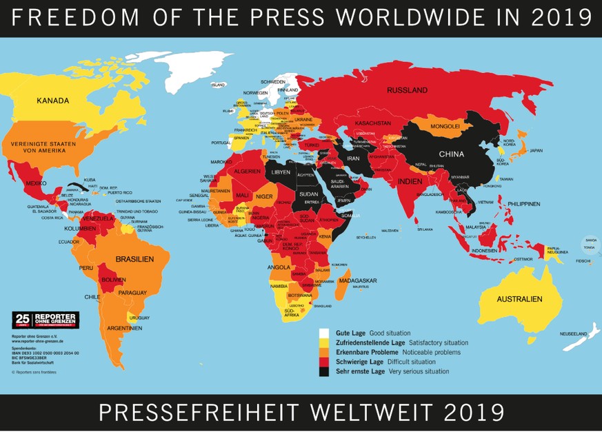 Aserbaidschan (der schwarze Fleck nordwestlich des Iran) ist eines der wenigen Länder, dem von «Reporter ohne Grenzen» eine «sehr ernste Lage» attestiert wird, was die Pressefreiheit angeht. Es steht  ...