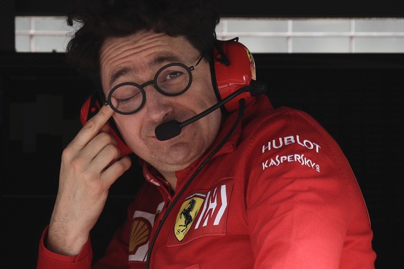Ferrari team principal Mattia Binotto rubs his eye in his team booth during the second practice session for the Chinese Formula One Grand Prix at the Shanghai International Circuit in Shanghai, China, ...