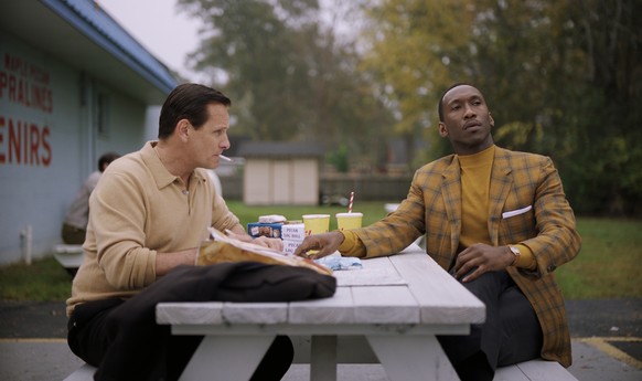 This image released by Universal Pictures shows Viggo Mortensen, left, and Mahershala Ali in a scene from &quot;Green Book.&quot; (Universal Pictures via AP)