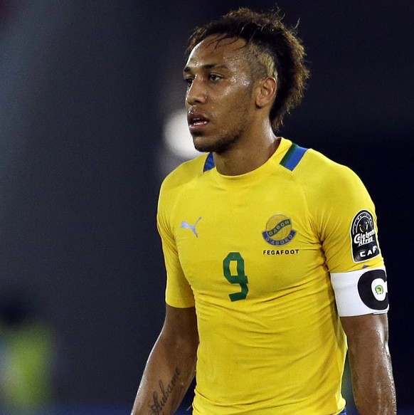 Gabon&#039;s Pierre Aubameyang, looks on during the African Cup of Nations Group A soccer match against Congo in Bata, Equatorial Guinea, Wednesday, Jan. 21, 2015. (AP Photo/Themba Hadebe)