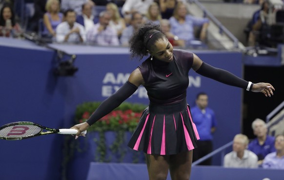Serena Williams reacts after a point to Karolina Pliskova, of the Czech Republic, during the semifinals of the U.S. Open tennis tournament, Thursday, Sept. 8, 2016, in New York. (AP Photo/Darron Cummi ...