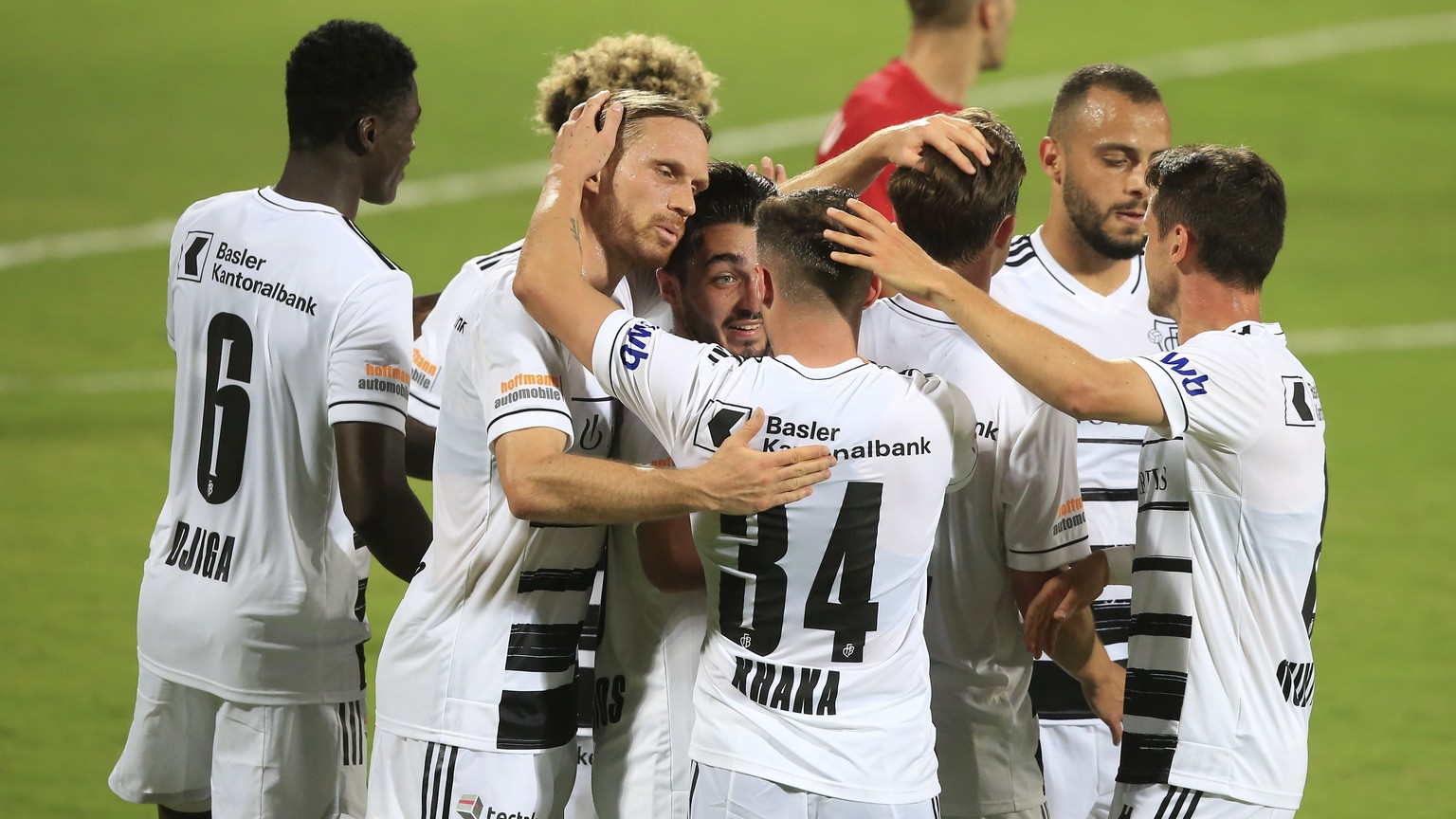 Basel players celebrate a goal against Partizani during a Europa Conference League second qualifying round, second leg soccer match, at Elbasan arena stadium, in Elbasan, on Thursday, July 29, 2021. ( ...