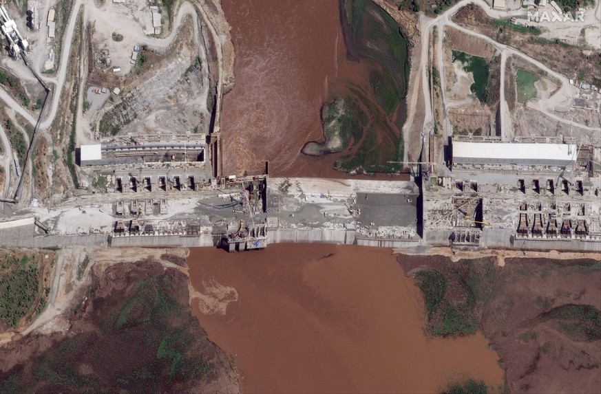 This satellite image taken Thursday, May 28, 2020, shows the Grand Ethiopian Renaissance Dam on the Blue Nile river in the Benishangul-Gumuz region of Ethiopia. In an interview with The Associated Pre ...