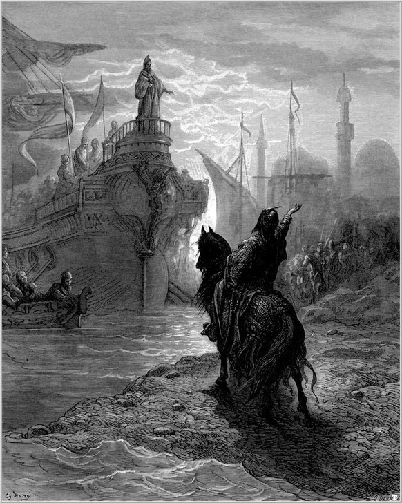 Kaiser Alexios V., Murtzuphlos genannt (zu Pferd), auf einem Historiengemälde von Gustave Doré, wie er Konstantinopel gegen den venezianischen Dogen Dandolo (auf dem Schiff stehend) verteidigt.