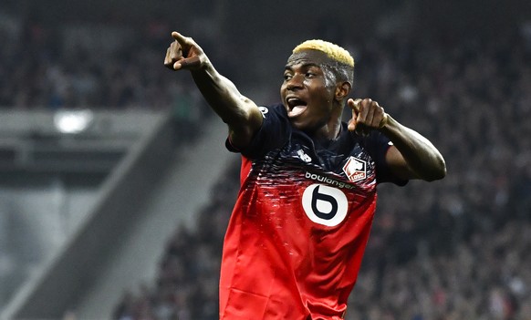 epa07944222 Lille&#039;s Victor Osimhen reacts during the UEFA Champions League soccer Group H match between OSC Lille and Valencia CF at the Pierre Mauroy Stadium in Villeneuve-d&#039;Ascq, near Lill ...
