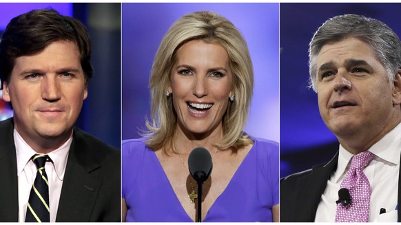 This combination photo shows, from left, Tucker Carlson, host of &quot;Tucker Carlson Tonight,&quot; Laura Ingraham, host of &quot;The Ingraham Angle,&quot; and Sean Hannity, host of &quot;Hannity&quo ...