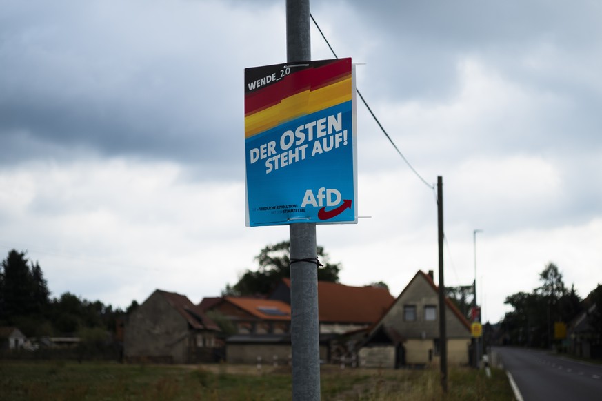 In this Friday, Aug. 16, 2019 photo an election campaign poster of German Alternative for Germany, AfD, party for the Saxony state election reading: ÄöThe East stands up&#039; is displayed in the vil ...
