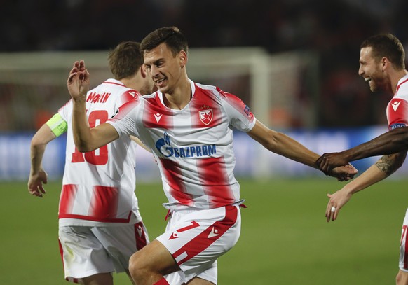 Red Star&#039;s Milos Vulic celebrates after scoring his side&#039;s first goal during the Champions League group B soccer match between Red Star and Olympiacos, in Belgrade, Serbia, Tuesday, Oct.1, 2 ...