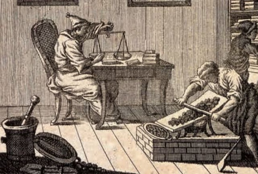 Schokoladeherstellung am Ende des 18. Jahrhunderts. (Stich aus «Schauplatz der Natur und Künste», 1775)