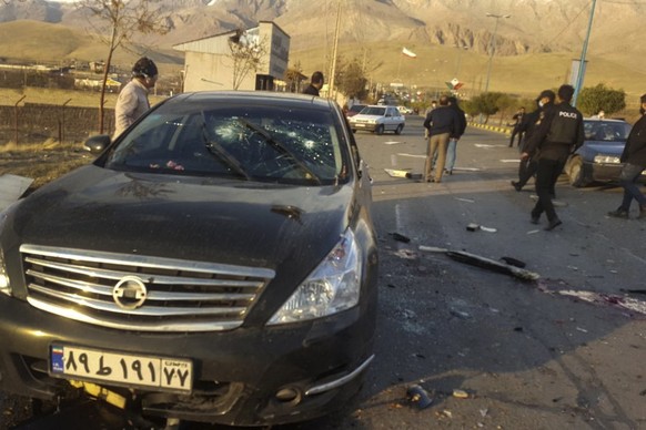 This photo released by the semi-official Fars News Agency shows the scene where Mohsen Fakhrizadeh was killed in Absard, a small city just east of the capital, Tehran, Iran, Friday, Nov. 27, 2020. Fak ...