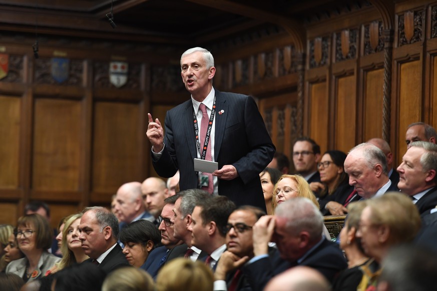 epa07972315 A handout photo made available by the UK parliament shows Lindsay Hoyle, MP of the Labour Party, one of the seven speaker candidates, addressing MPs during a session of the House of Common ...
